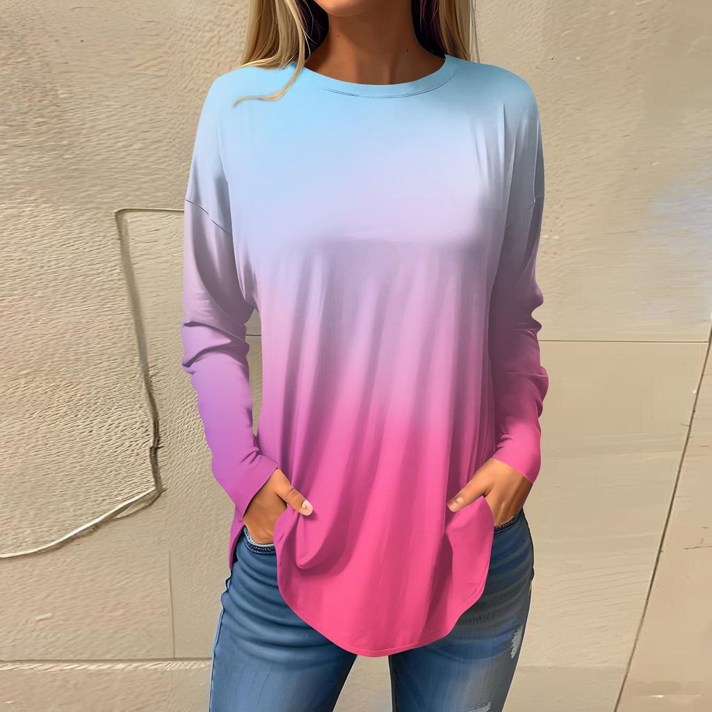 Футболки для женщин, осенние повседневные рубашки с длинными рукавами, толстовка с градиентным принтом, топ, пуловер