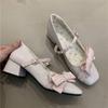 Нежные туфли Мэри Джейн с феерическим ветерком 2025 весна французский вишнево-розовый жемчужный бант квадратный носок неглубокий вырез высокий каблук