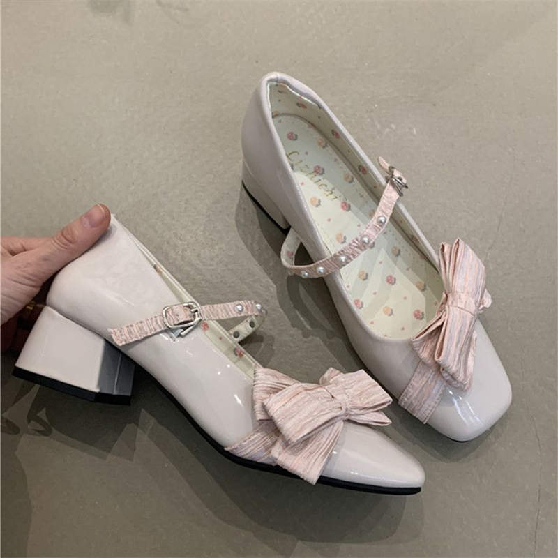 Нежные туфли Мэри Джейн с феерическим ветерком 2025 весна французский вишнево-розовый жемчужный бант квадратный носок неглубокий вырез высокий каблук
