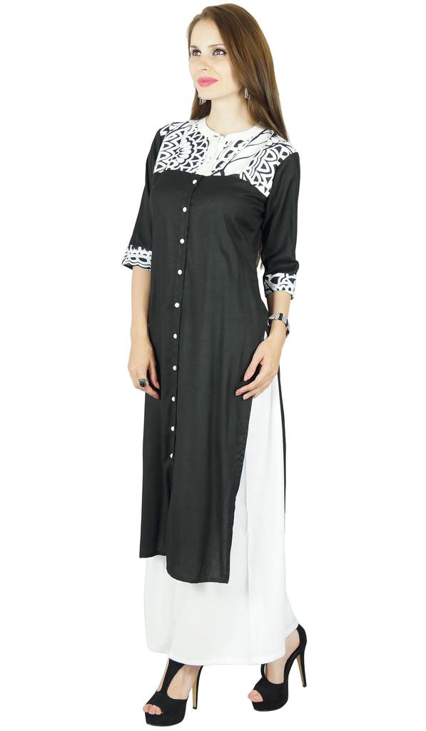 Bimba Women Black Rayon Kurta Kurti 3 4 Sleeve Formal Casual Tunic