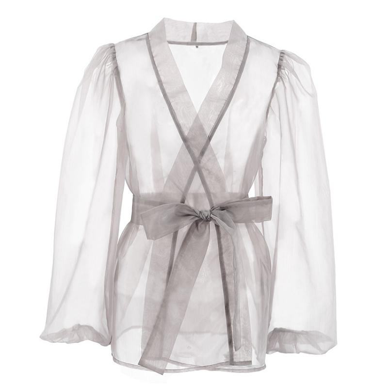 Сексуальная прозрачная черная сетчатая рубашка-жакет Весна/Лето для женщин, Нишевая блузка с длинным рукавом для девушек