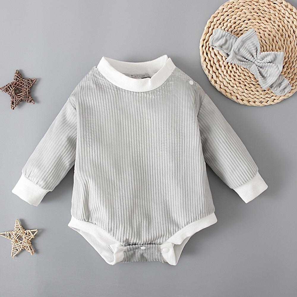 Однотонный вельветовый комбинезон с длинными рукавами для новорожденных девочек с повязкой на голову, одежда для детей 0–24 месяцев