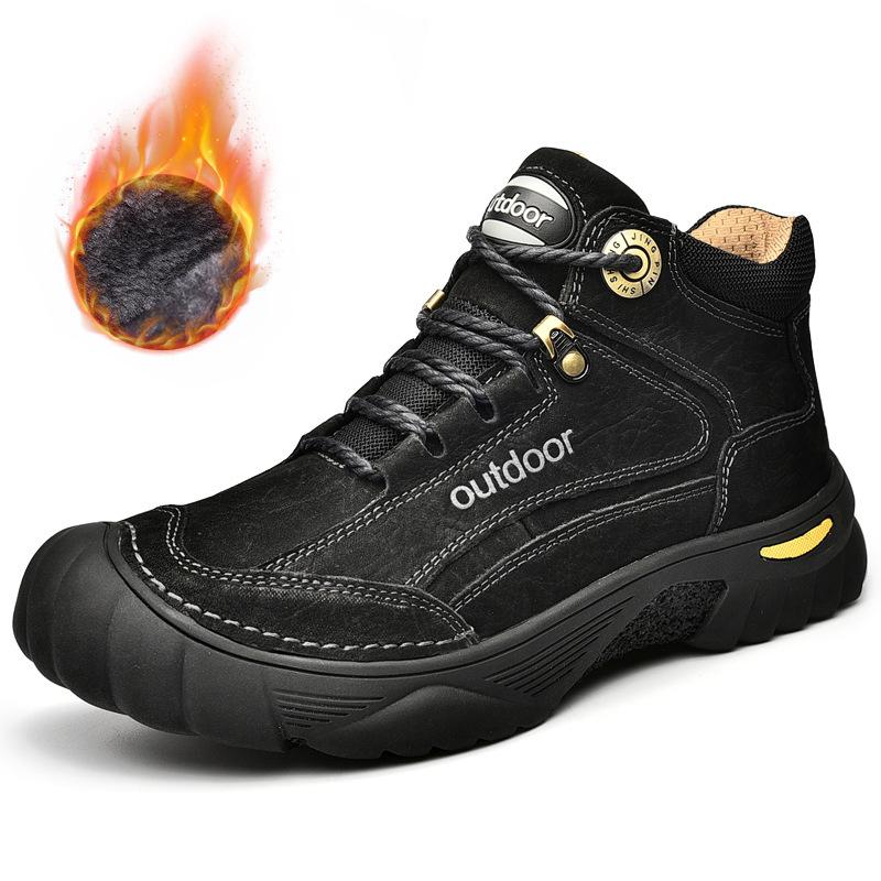 Зимние бархатные теплые высокие хлопковые ботинки большого размера для походов на открытом воздухе мужские повседневные кожаные ботинки на шнуровке на платформе