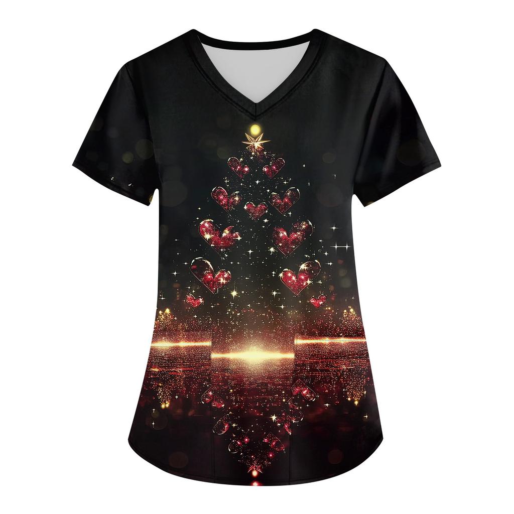 Женская мода с v-образным вырезом, короткими рукавами и карманами, топы с рождественским принтом