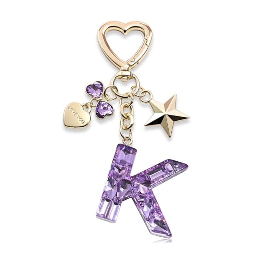 Bling Keychain with Initial Letter Butterfly Star Pink Purple - Cute Gift for Women And Girls Bag Cup Charms Fashion Accessory