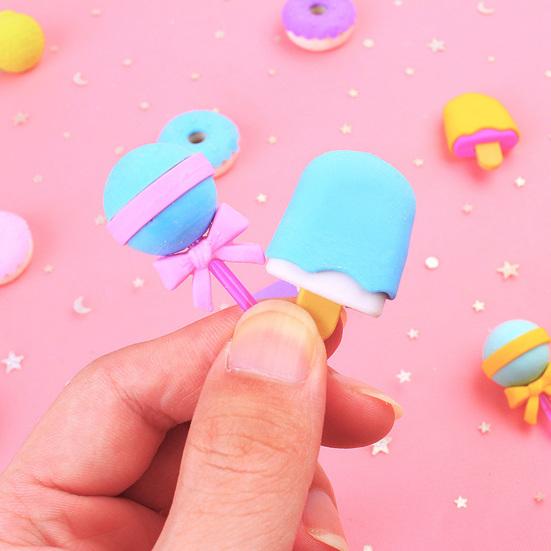 4 шт. ластики, милая форма еды, мультяшный леденец, мороженое, пончик, эскимо, безопасный, без запаха, развлечения, сладкий цвет, детские игрушки, детские канцелярские принадлежности