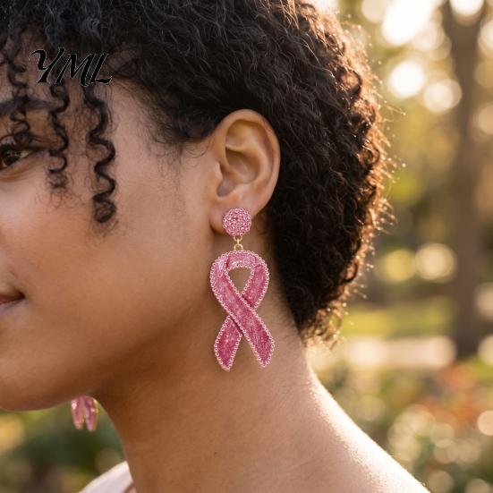 Breast Cancer Awareness Jewelry 1 Pair Earrings for Women, Glitter Rhinestone Casual Party Dangle Accessories Ribbon Drop Earrings, Gift Comfortable