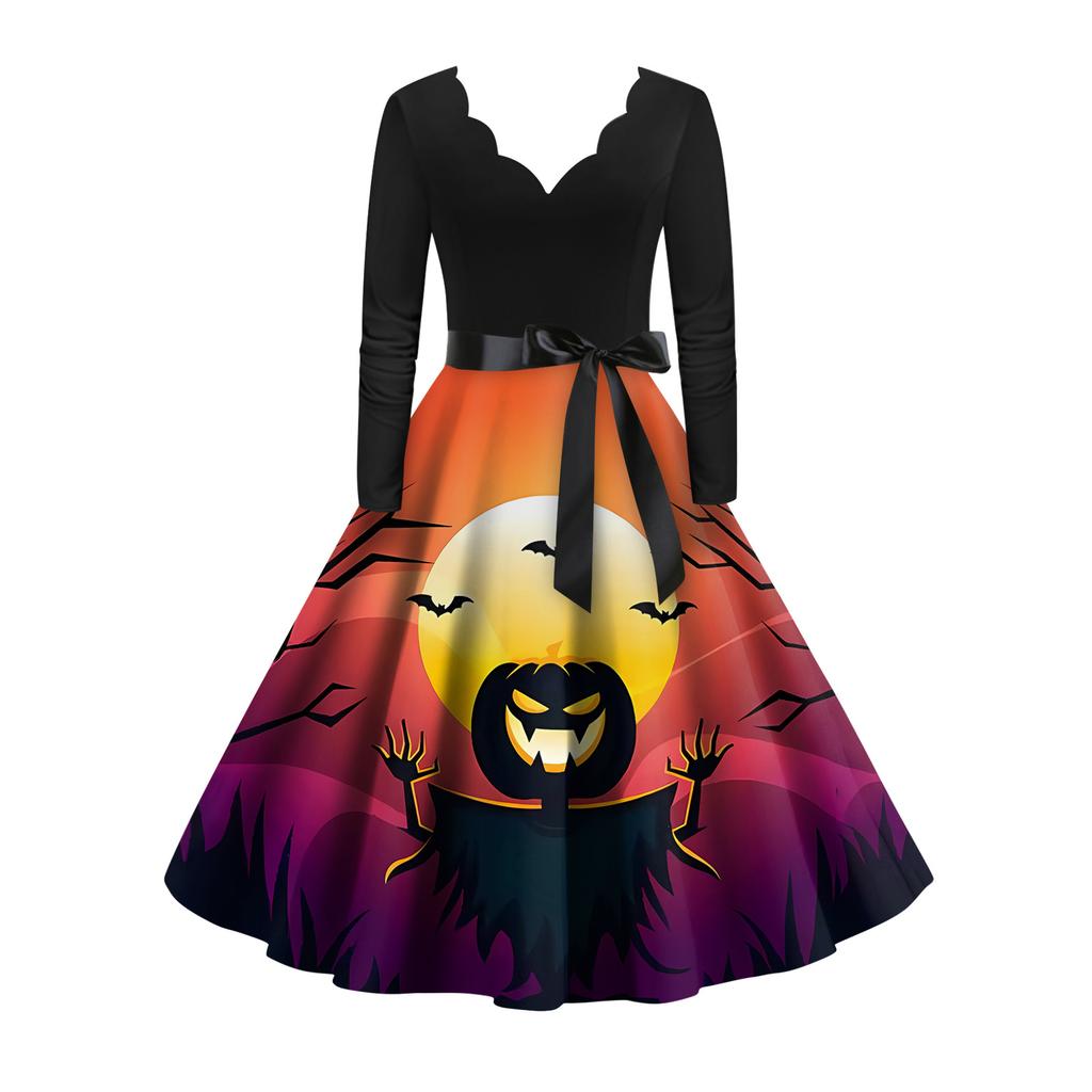 Женское винтажное классическое платье с вырезом на талии и галстуком-бабочкой с длинными рукавами на Хэллоуин с принтом и V-образным вырезом, свободное платье