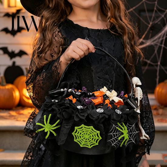 Black Spider Flower Basket Girl with Handle And Bow, Gothic Satin Festive Theme Candy Holder Lace for Wedding Ceremony, Bridal Party, Halloween