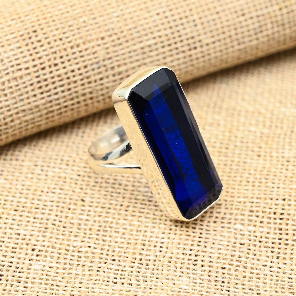 Blue Sapphire Lab-Created Gemstone Handmade 925 Solid Sterling Silver Jewelry Ring