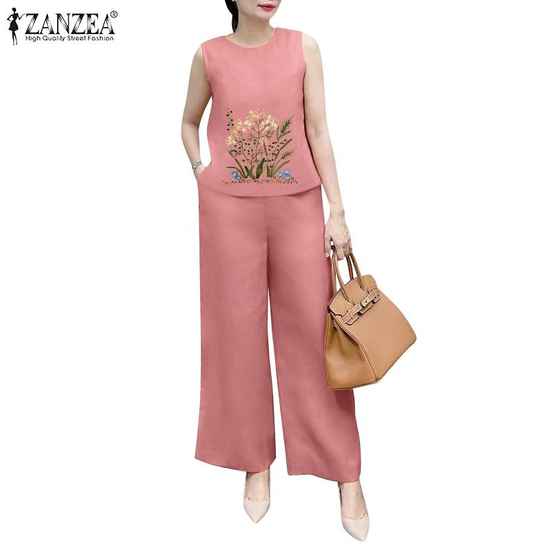 ZANZEA Womens Print Tank Tops and Pants Casual Two Piece Suit Sets