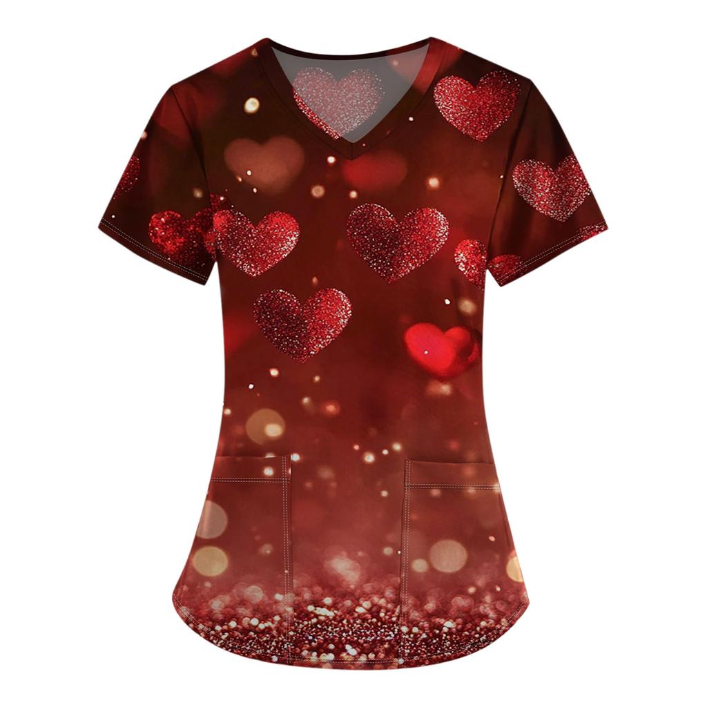 Женский модный комбинезон с коротким рукавом и V-образным вырезом, с карманом, на День святого Валентина, с принтом, топы, одежда