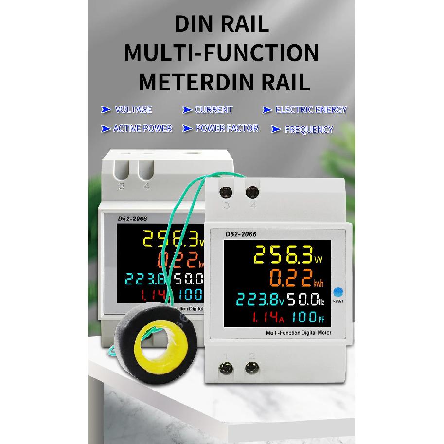 6IN1 Display Smart Meter Din Rail AC Monitor Voltage Current Power Factor Active KWH Electric Energy Frequency Meter D52-2066