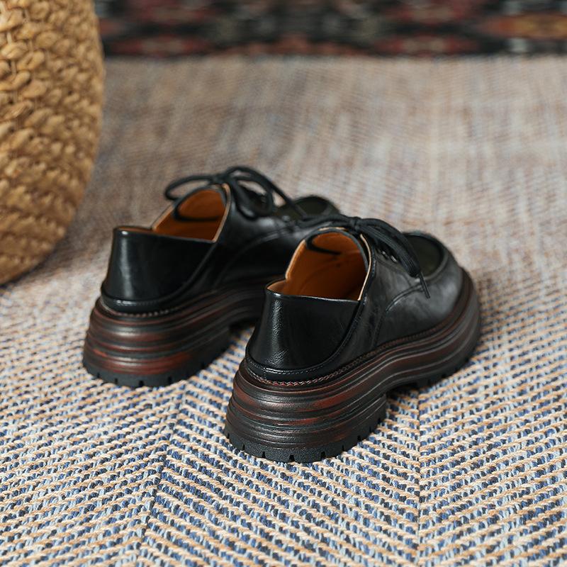 Британские лоферы на платформе со шнуровкой для женской весенне-летней новой обуви, два способа носки, на одном ремешке, с круглым носком, на толстом каблуке, черные, из маленькой кожи