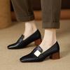 Fashion Spring Fall Winter Leather Square Head Hairy Shoes Single Shoes Female British Style Padded Medium Thick Heel One Footsteps Le Fu Shoes