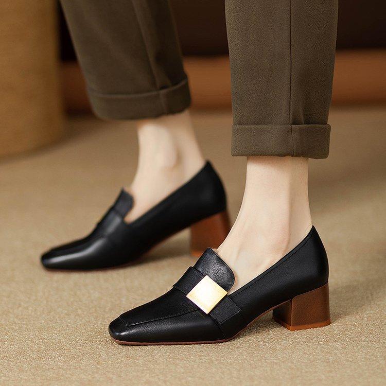 Fashion Spring Fall Winter Leather Square Head Hairy Shoes Single Shoes Female British Style Padded Medium Thick Heel One Footsteps Le Fu Shoes