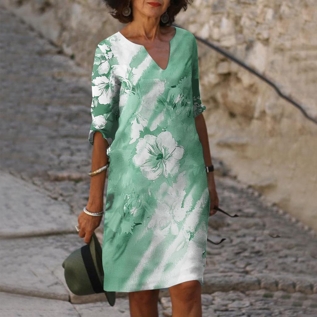 Women's Summer Casual Fashion Five-quarter Sleeve Printed V-Neck Loose Mid-Length Dress