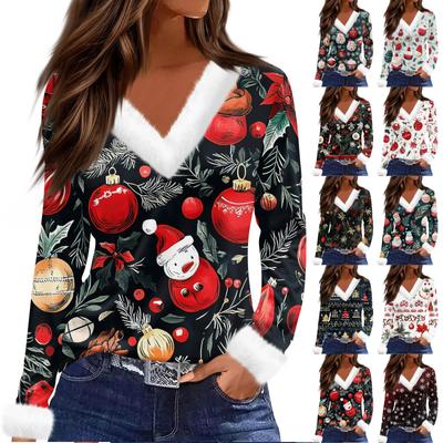 Женский модный повседневный топ с V-образным вырезом и длинными рукавами, рождественским принтом и плюшевым воротником