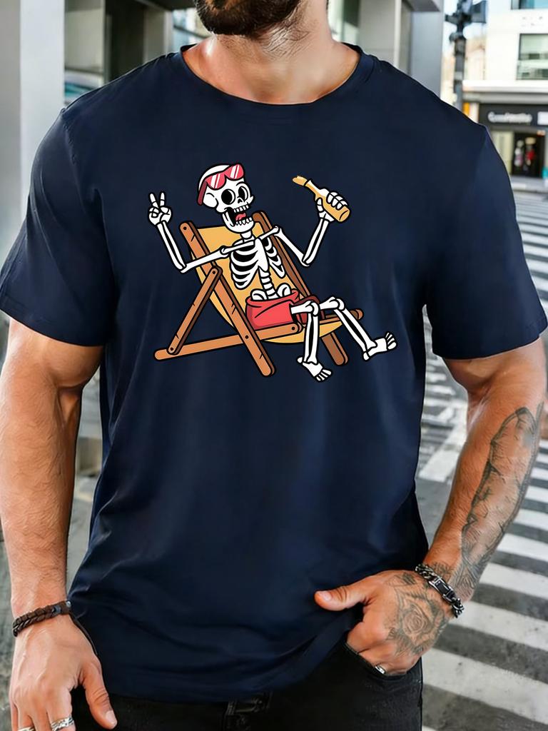 Unisex Black Tee Beach Skeleton Beer Cartoon Graphic Print Short Sleeve Loose Casual Top For Adult Male Daily Street Wear Outfit