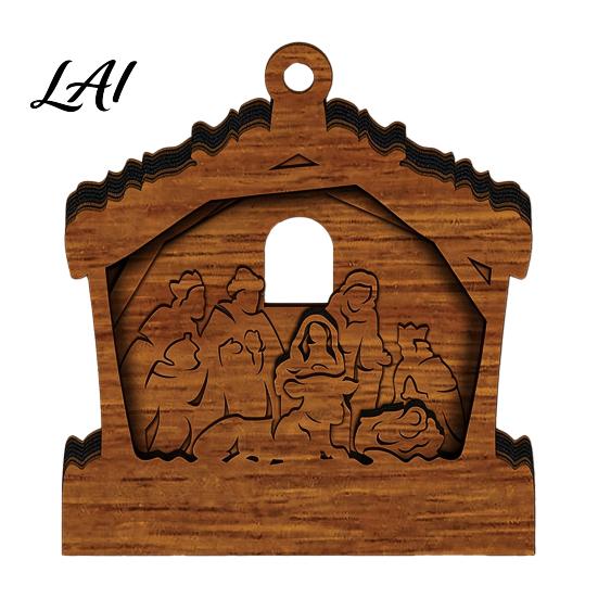 Multi Purpose Wood Decor 3D Wooden Light Up Christmas Ornament Layered House Tree Snowman Art Nativity Scene Hanging Decoration for Xmas Tree,