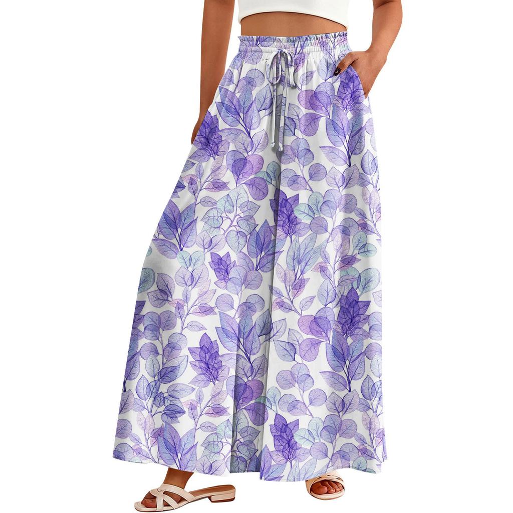 Women's Palazzo Pants Boho Floral Wide Leg Trousers Summer Beach High Waisted Flowy Pants With Pockets