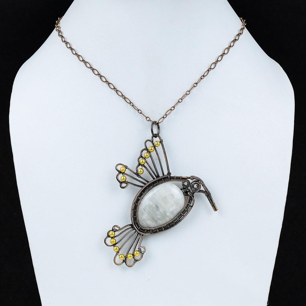 Радужный кулон с лунным камнем, медная проволока, кулон с драгоценным камнем, медные украшения, кулон ручной работы в стиле бохо, ювелирные изделия в виде птиц для подарка, кулон с камнем