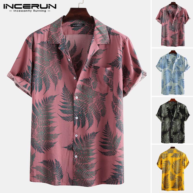 Гавайская пляжная рубашка INCERUN с коротким рукавом и тропическим принтом, для мужчин