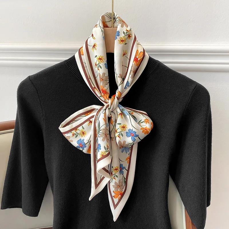 Spring/Summer Fashion Headbands For Women Flower Print Lightweight Scarf Streamer Soft Satin Neckerchief Elegant Hair Scarf