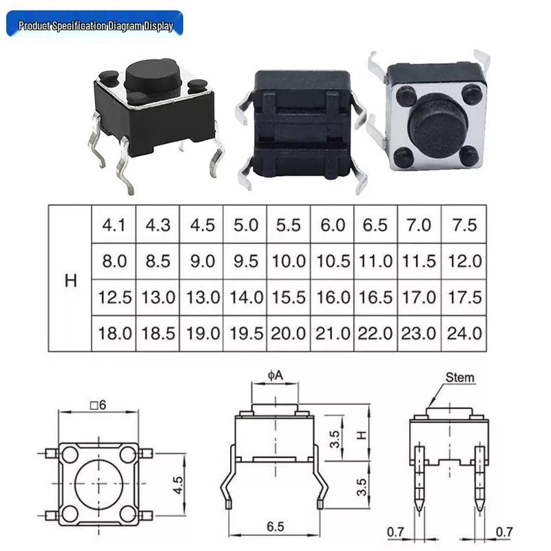 Waterproof Micro Tactile Switch, 4-Pin, 6x6mm, SMD/Through-Hole, Side Press, Self-Locking
