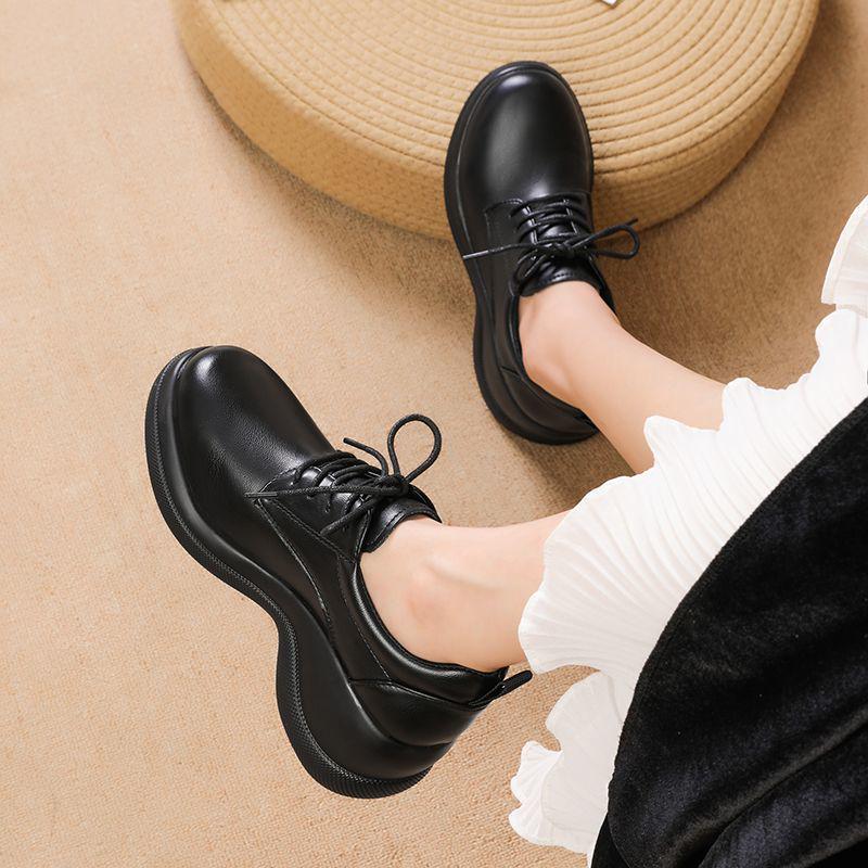 Женские черные кожаные туфли на массивном высоком каблуке - Осенний стиль, Увеличивающие рост, Толстая подошва, Легкие, Износостойкие, Низкий верх