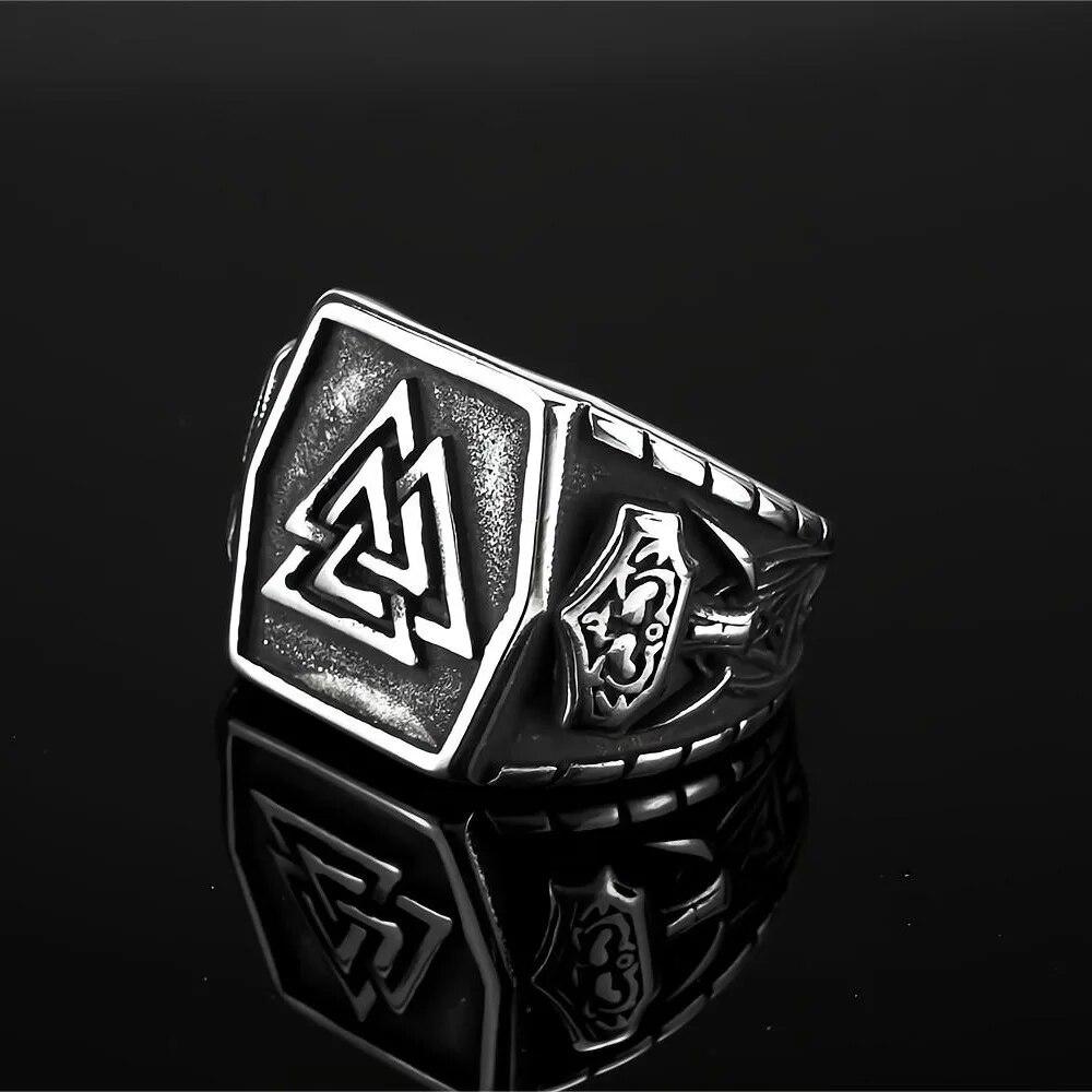 Men Biker Nordic Viking Rings Stainless Steel Retro Nordic Ethnic Belief Odin Viking Rune Ring Men Amulet Jewelry