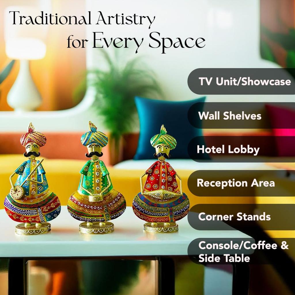 Metal Show Pieces for Home Decor | Gift Items for Showcase, TV Unit Decoration | NEW (Rajasthani Sardar Musicans - Set of 3)