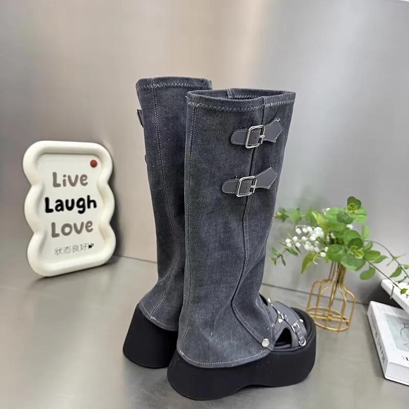 2025 Summer New Women's Cover Heel Sandals Outdoor Buckle Rivet Slip On Knee-High Boots Women Modern Platform Thong Sandals