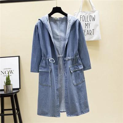 Женский демисезонный плащ-тренч средней длины в повседневном стиле на кулиске с большими карманами и джинсовая куртка с капюшоном