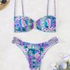 2024 Gathered Print U-Neck Bandeau Bikini - European & American Sexy Fashion Women's Swimsuit