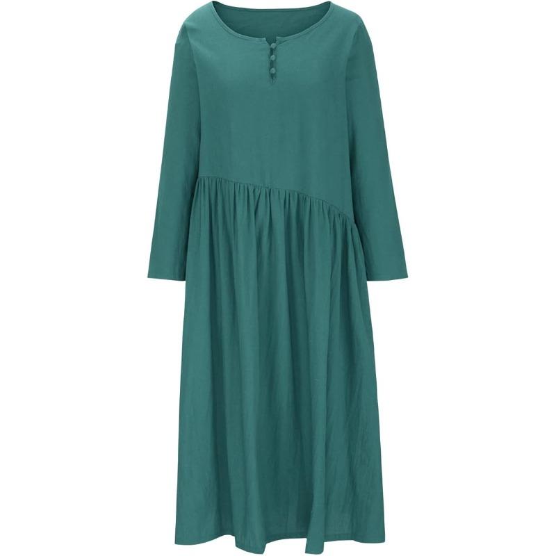 Женское летнее длинное платье-накидка с длинным рукавом, однотонное, многоярусное, свободного кроя, с круглым вырезом, плиссированное, длинное платье