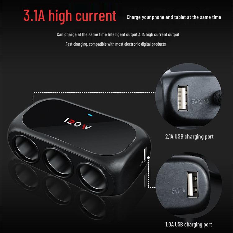 Fast Charge 3-in-1 Multi-Functional USB Car Charger with Cigarette Lighter Adapter, 24V