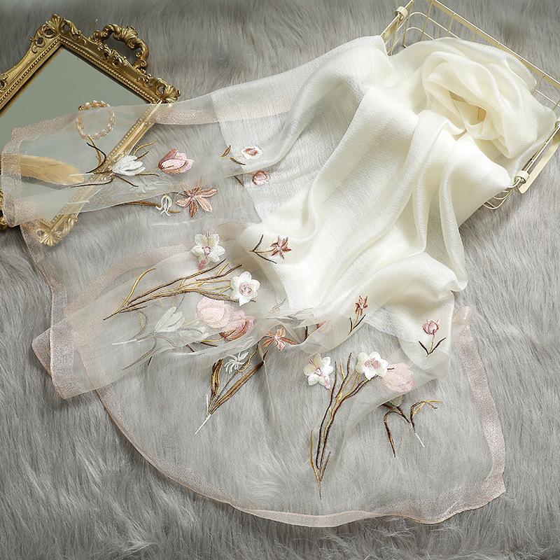 Новый шелковый шерстяной шарф женский с вышивкой весна и лето однотонный длинный шарф пашмина женский платок для волос хиджаб бандана