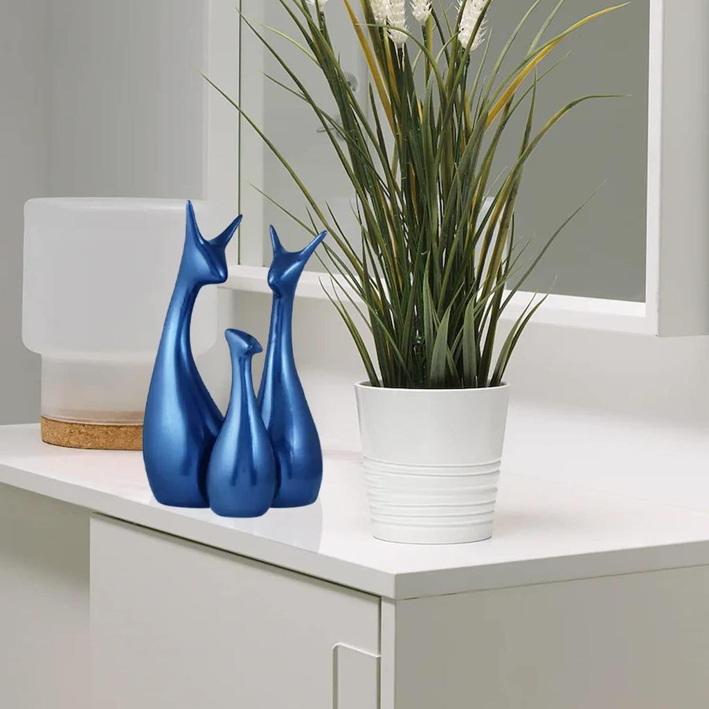 Керамическая фигурка Lucky Deer Family Home Decor цвета матового металлика приглушенного синего цвета | Впервые выпущена в Индии - (Набор из 3 шт., синий)