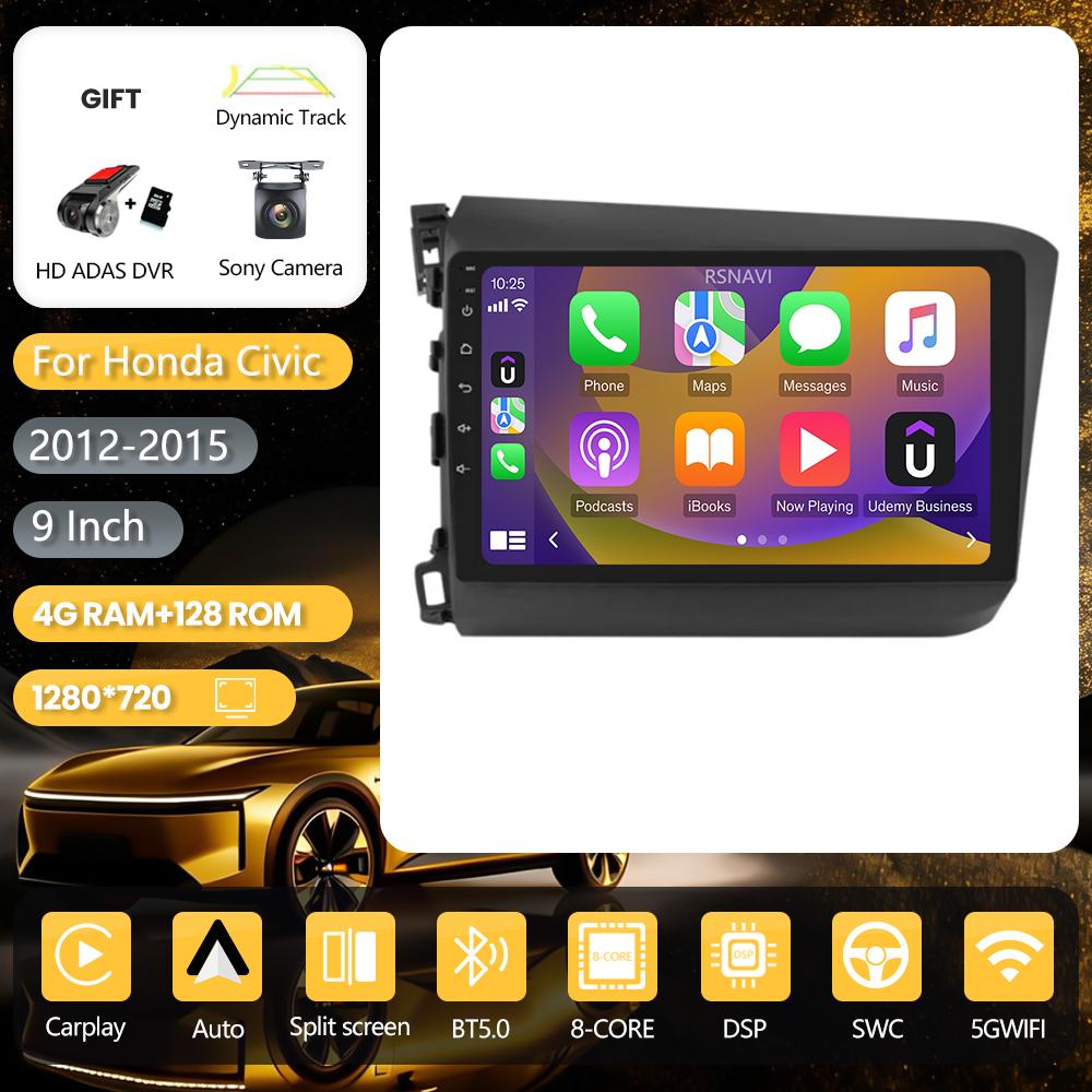 RSNAVI Android 16 pour Honda Civic 2012 2013 2014 2015 Carplay Auto Multimedia Autoradio Stéréo DSP commande par application au volant