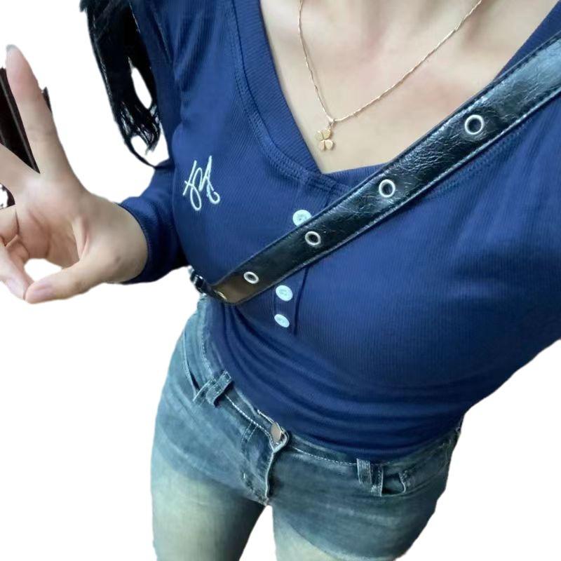 Сладкий и пикантный женский трендовый топ с V-образным вырезом, облегающего кроя, с длинным рукавом