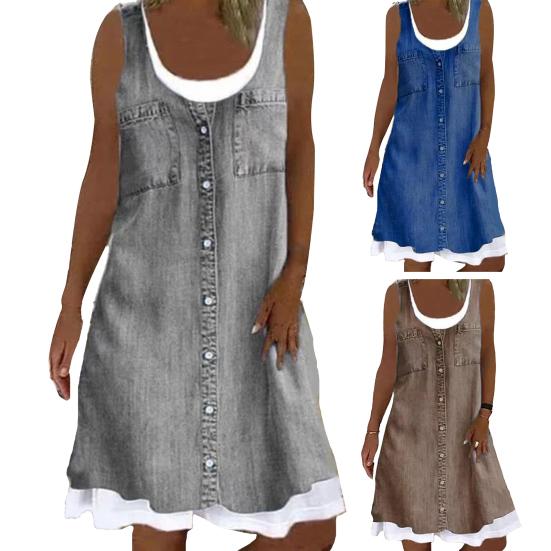 Женское платье без рукавов из двух частей, летнее повседневное платье с круглым вырезом, джинсовый принт, свободное мини-платье А-силуэта