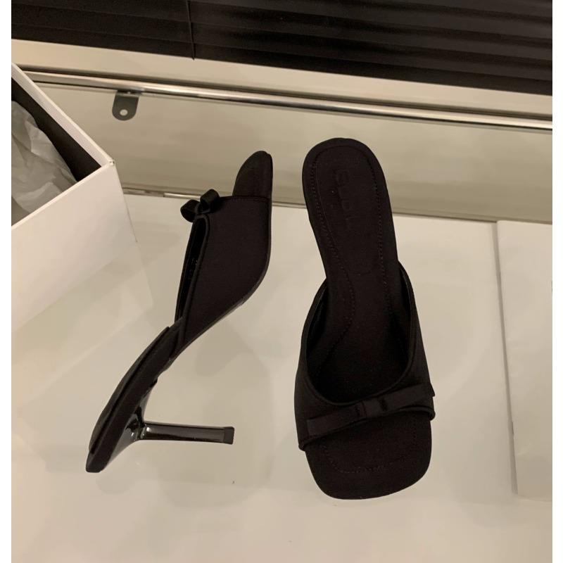 Fashion New Women's Slipper Mules Low High Heels Shoes Summer Best Street Look Females Square Head Open Toe Bow Strappy Sandals