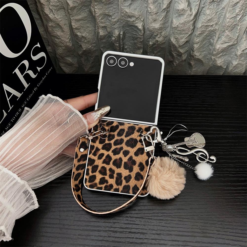 For Samsung Galaxy Z Flip7 5G Case Leopard Print Leather+PC Phone Cover with Guitar Pendant and Strap