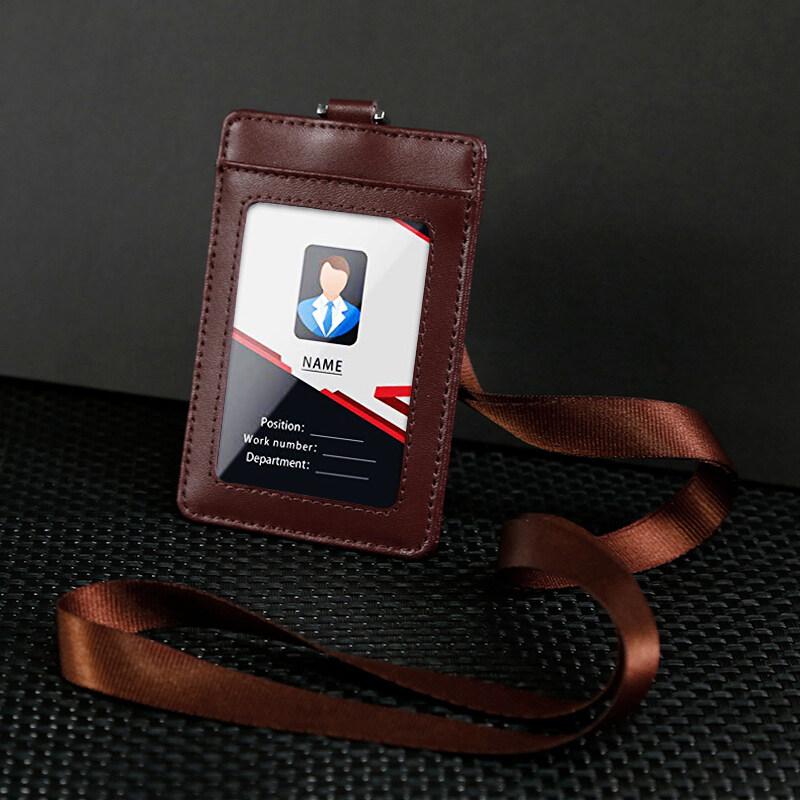 Fashion Genuine Leather ID Holder Business Staff Job Number Card Holders with Lanyard Bus Card Cover Student Worker Employee Card Case