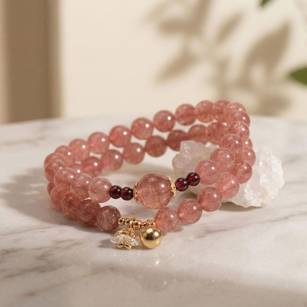 Mingtai Jewelry Натуральный клубничный кварц Двухслойный браслет из бусин Милые сладкие аксессуары для подруг Украшения Прямая трансляция