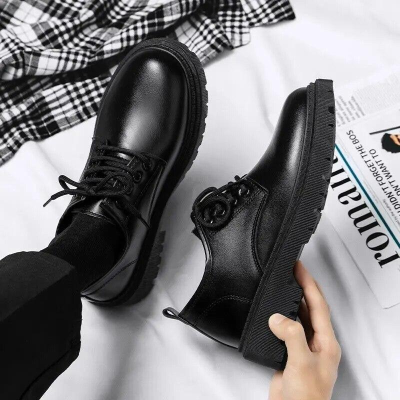 Men Korea Leather Platform Oxfords Slip On Thick Tottom Male Derby Shoes Casual Loafers Mens Square Toe Formal Dress Shoes