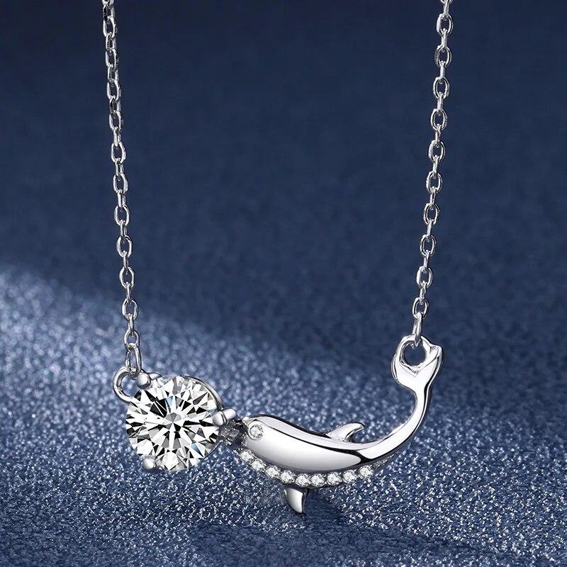 1 Carat Diamond Test Past D Color Moissanite Dolphin Pendant Necklace Silver 925 Original Gemstone Fish Necklace Chain for Girls