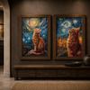 Vintage Animal Wall Art, Nordic Impressionist Cat Canvas Painting, Whimsical Tabby Poster Print for Bedroom Living Room Decor
