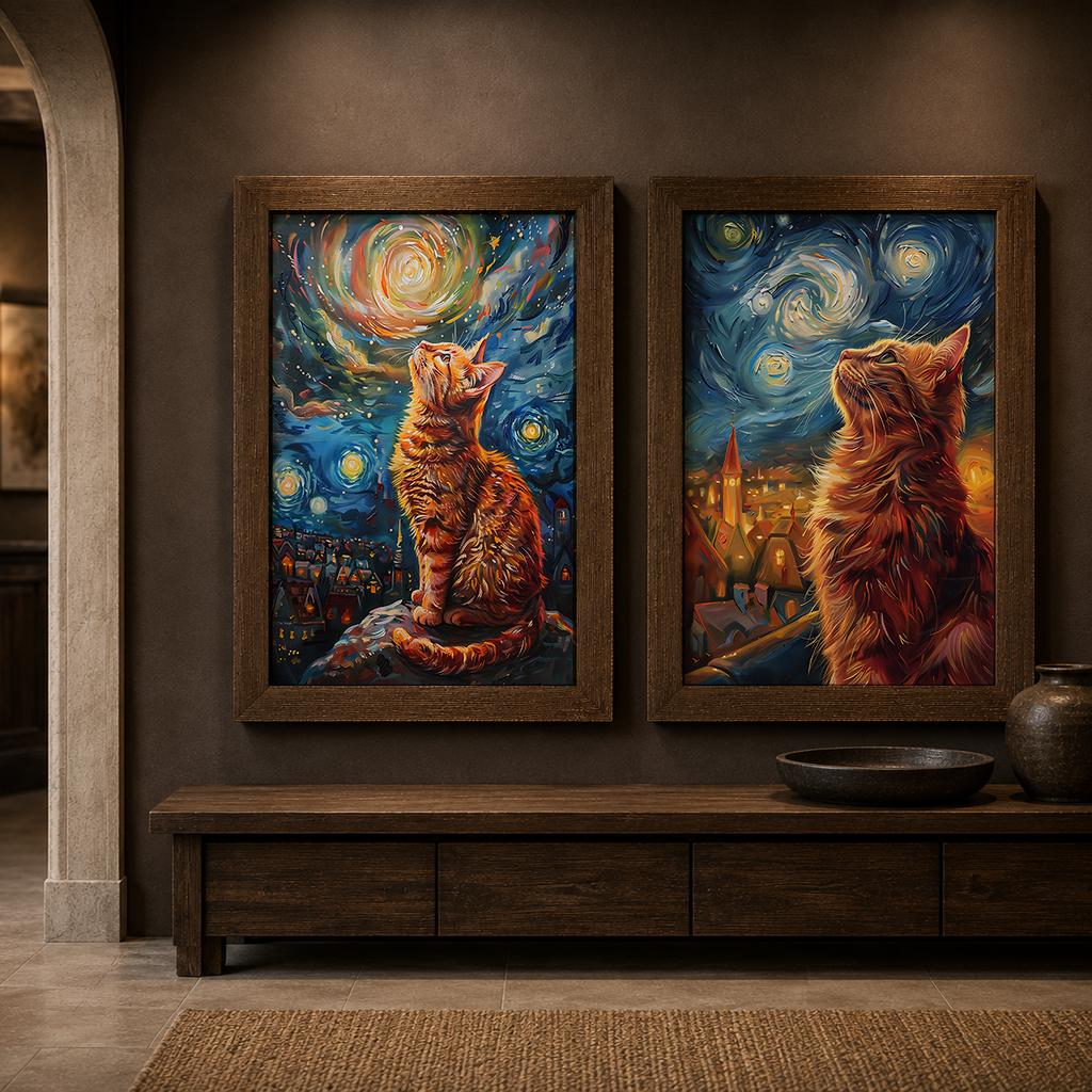 Vintage Animal Wall Art, Nordic Impressionist Cat Canvas Painting, Whimsical Tabby Poster Print for Bedroom Living Room Decor
